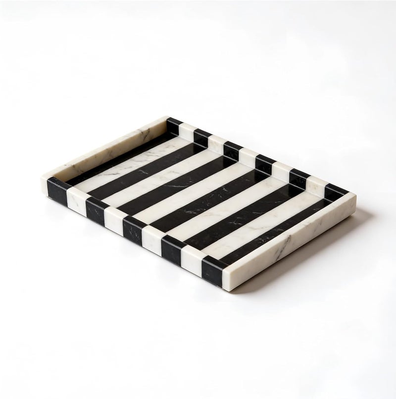 Artisanal Abode Striped Natural Marble Tray, Black White Geometric Rectangular Tray, Vanity Organizer for Jewelry, Makeup, Bath Essentials, Modern Home Decor - Image 3